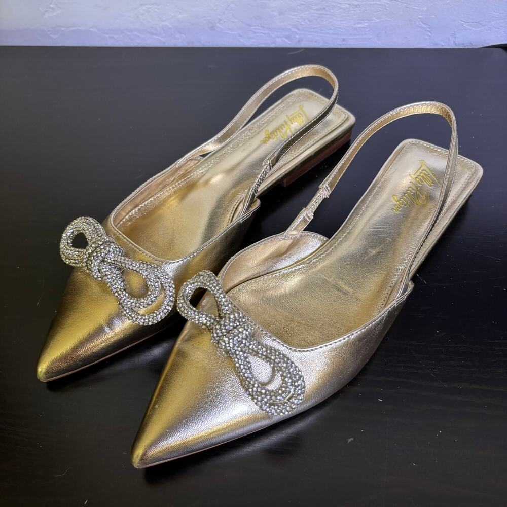 Lilly Pulitzer Brit Gold Leather Slingback Dressy Summer Event Bling Bow Size 9 - Picture 5 of 15